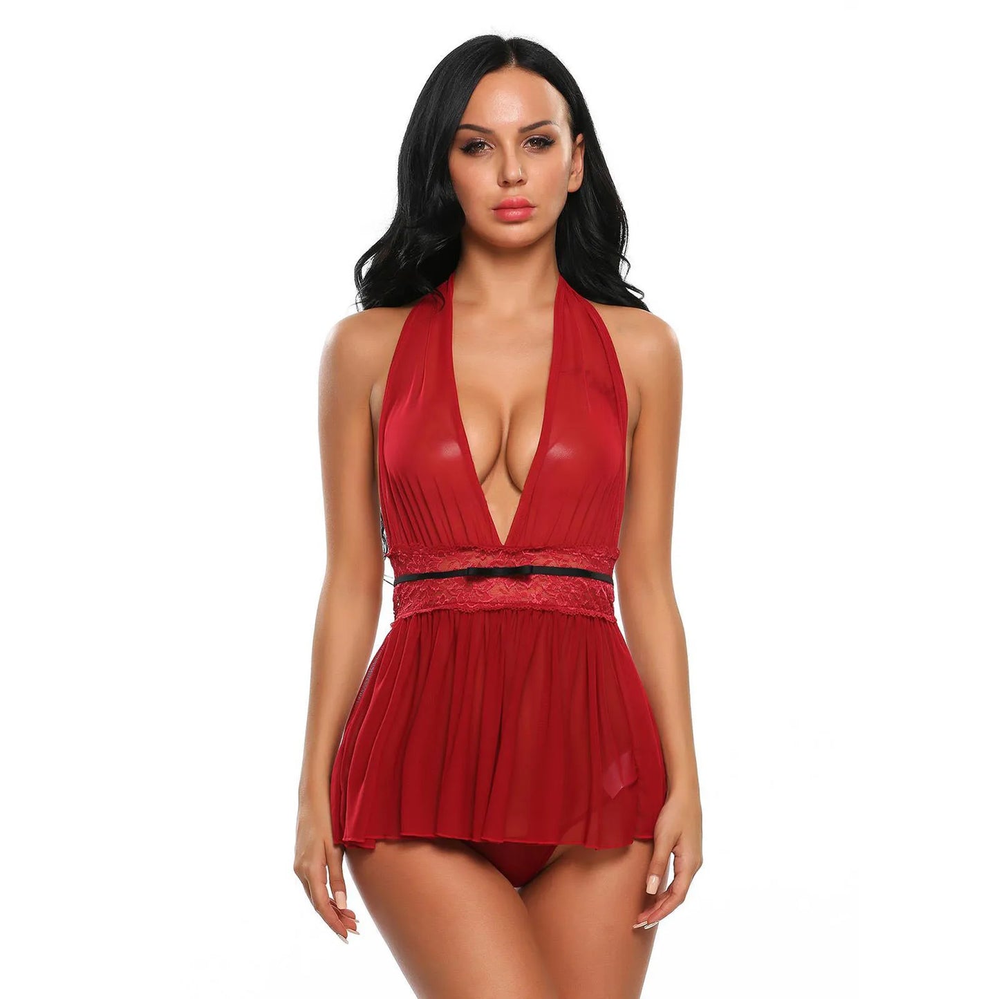 woman wearing halter deep neck babydoll lingerie set with lace waist flowy nightwear India