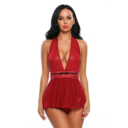 woman wearing halter deep neck babydoll lingerie set with lace waist flowy nightwear India
