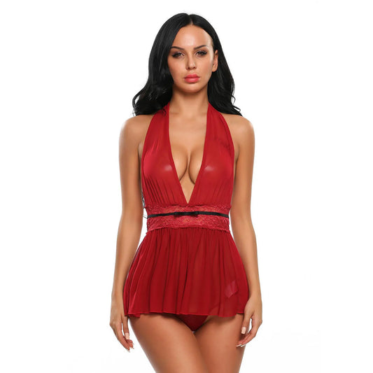 woman wearing halter deep neck babydoll lingerie set with lace waist flowy nightwear India
