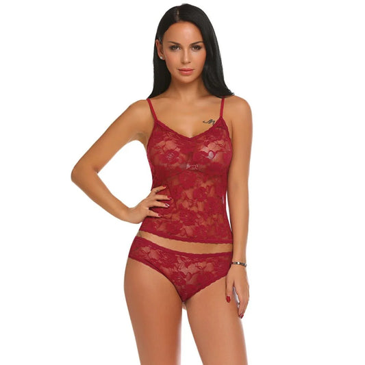 Women maroon floral lace camisole and matching lace panty lingerie set