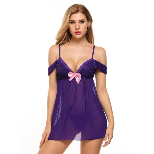 woman wearing off shoulder babydoll mesh lingerie dress with lace cups and bow detail stylish nightwear India
