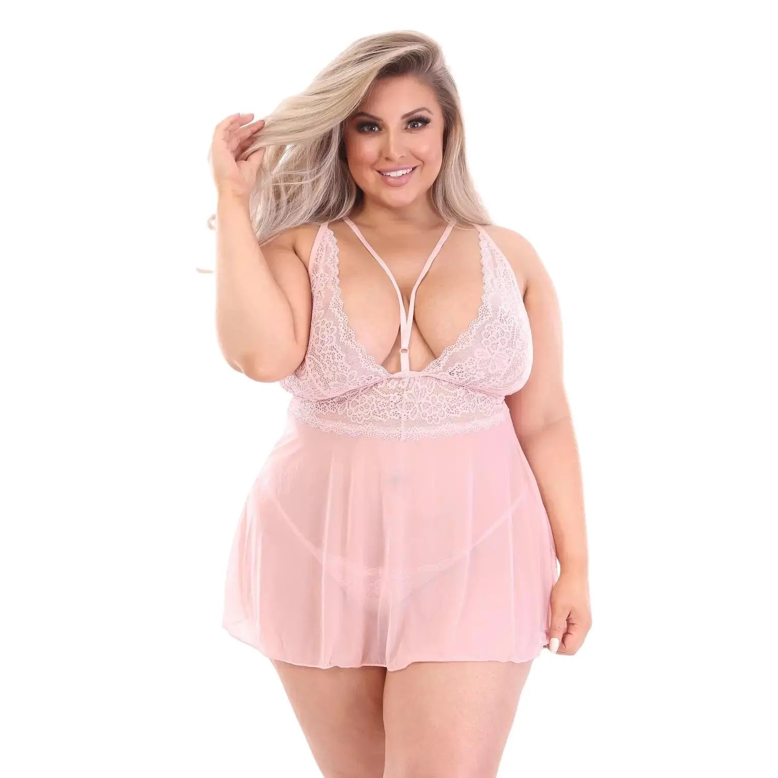 plus size woman wearing black lace babydoll sheer mesh nightwear lingerie dress with strappy neckline India
