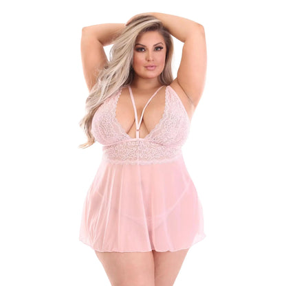 plus size woman wearing black lace babydoll sheer mesh nightwear lingerie dress with strappy neckline India
