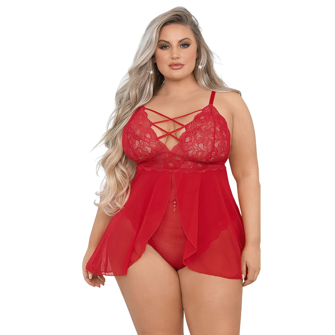 woman wearing red lace babydoll mesh nightwear lingerie dress with criss cross neckline India
