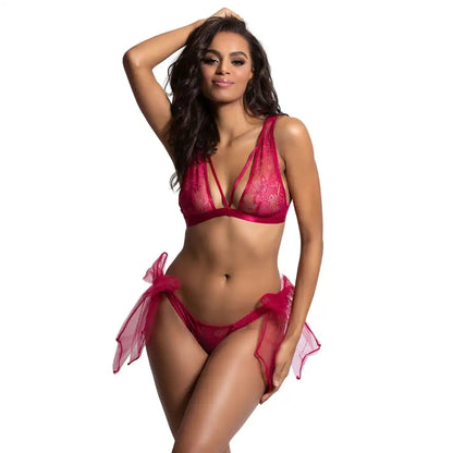woman wearing raspberry pink sheer lace bralette and matching thong lingerie set