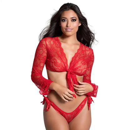 woman wearing red floral lace lingerie set with tie-front lace top and matching panty
