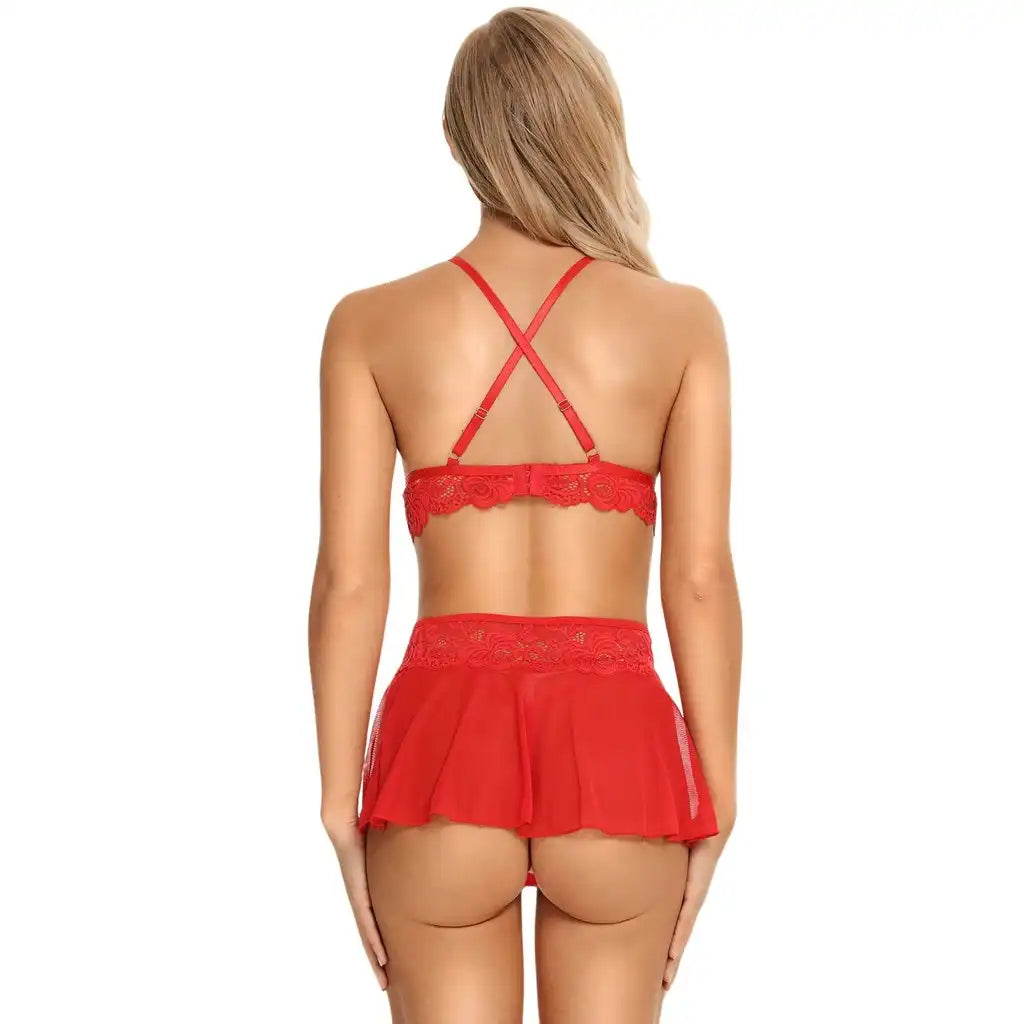 woman wearing red lace babydoll lingerie set with mesh skirt detail