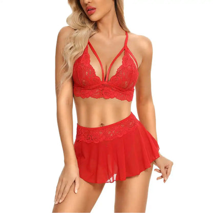 woman wearing red lace babydoll lingerie set with mesh skirt detail