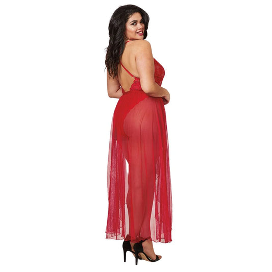 woman wearing red sheer lace long babydoll nightwear with floral lace detailing