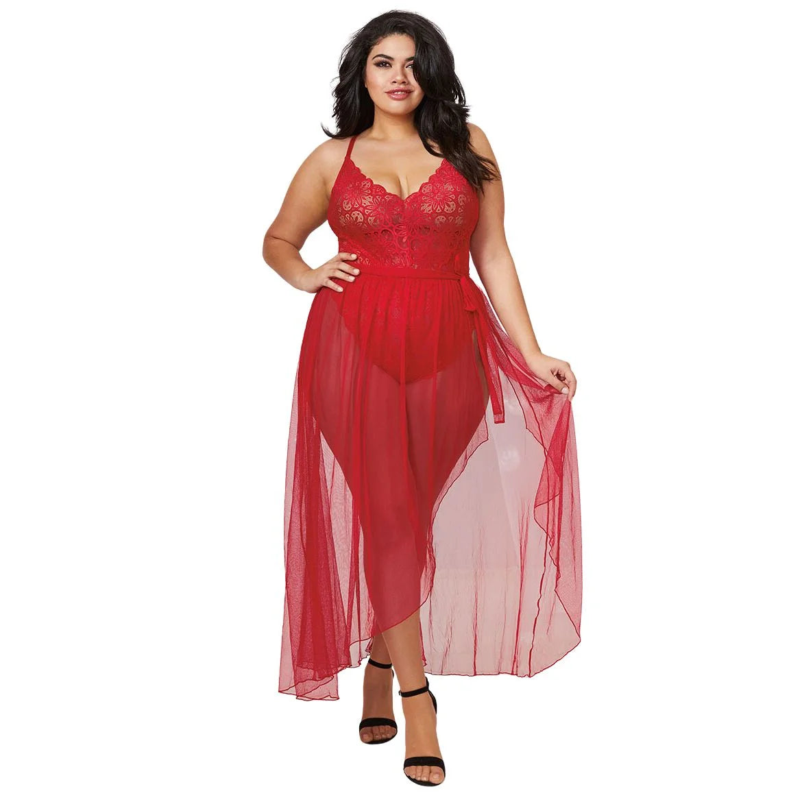 woman wearing red sheer lace long babydoll nightwear with floral lace detailing