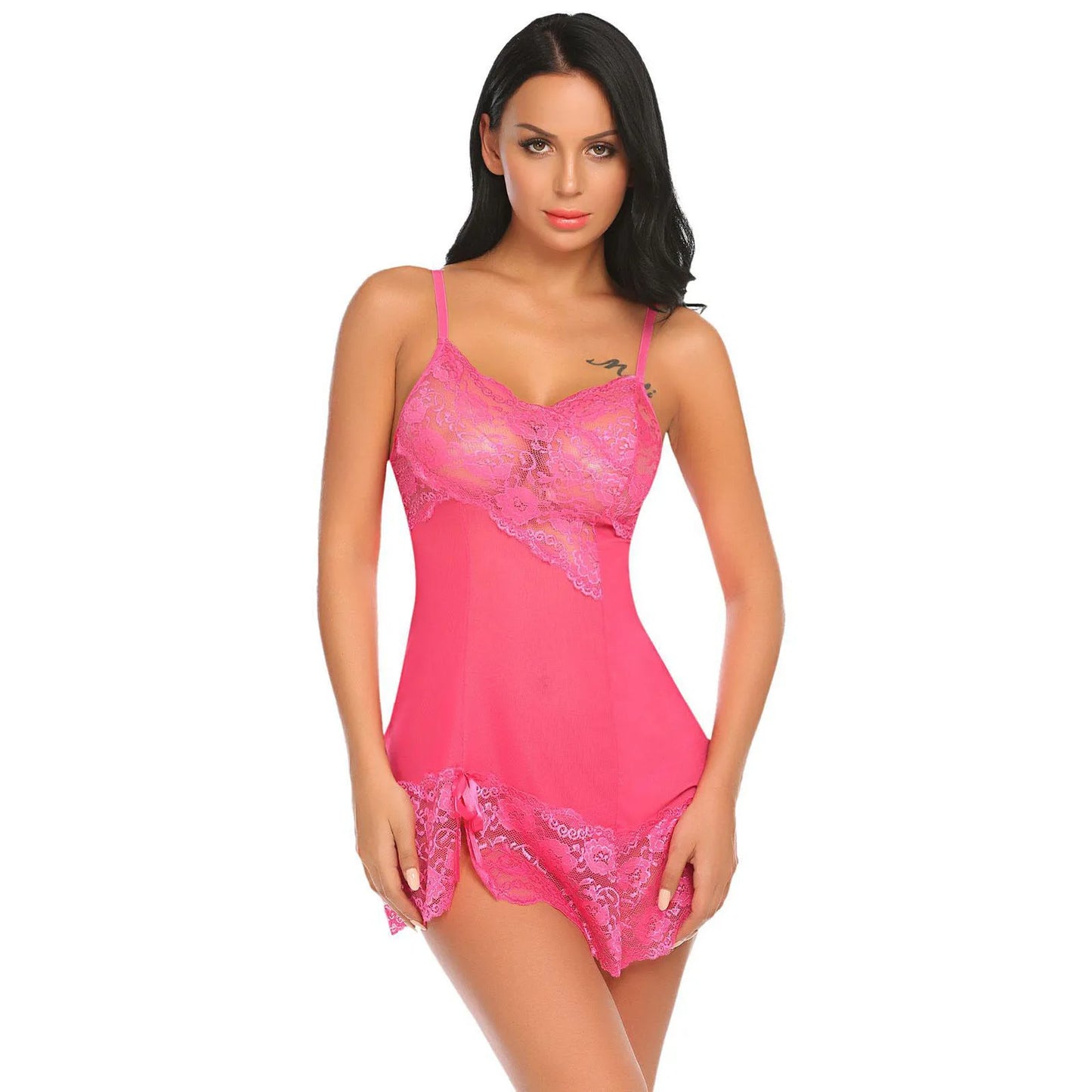 woman wearing sheer lace chemise lingerie dress with spaghetti straps stylish nightwear India
