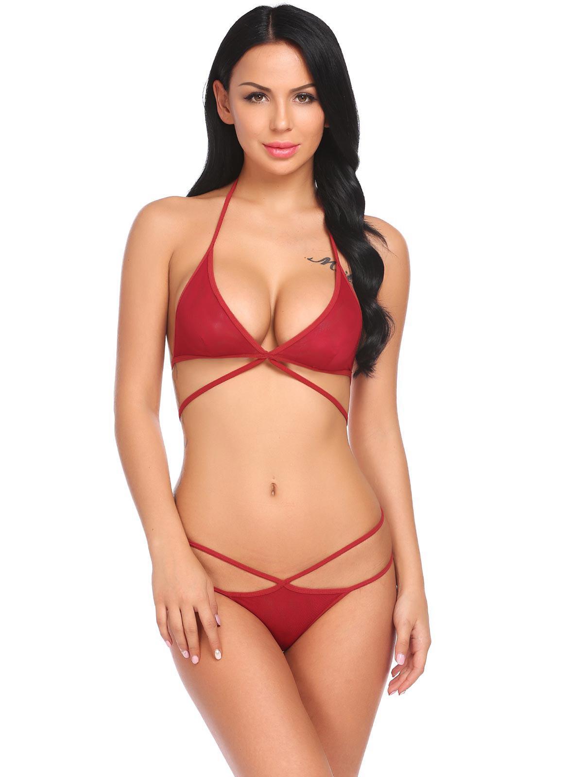 woman wearing sheer triangle bralette and strap thong lingerie set stylish innerwear India