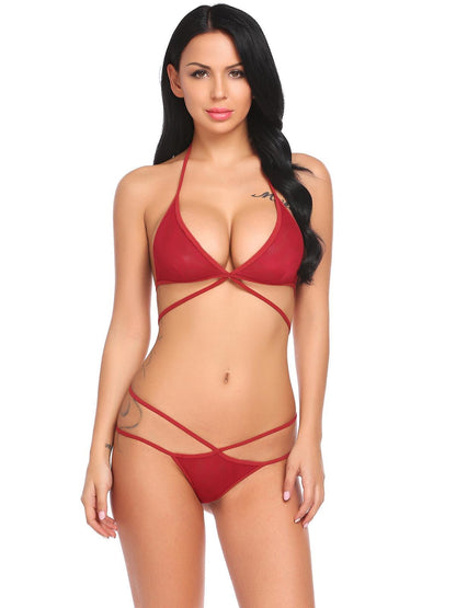woman wearing sheer triangle bralette and strap thong lingerie set stylish innerwear India