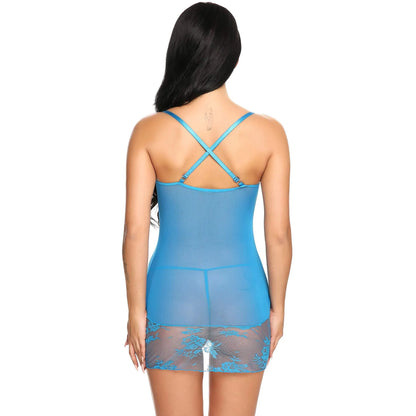 woman wearing sky blue lace babydoll mesh lingerie dress with sheer floral hem stylish nightwear India