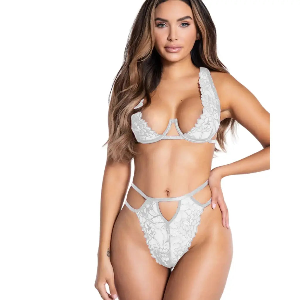 woman wearing white floral lace cutout lingerie set with underwired bra
