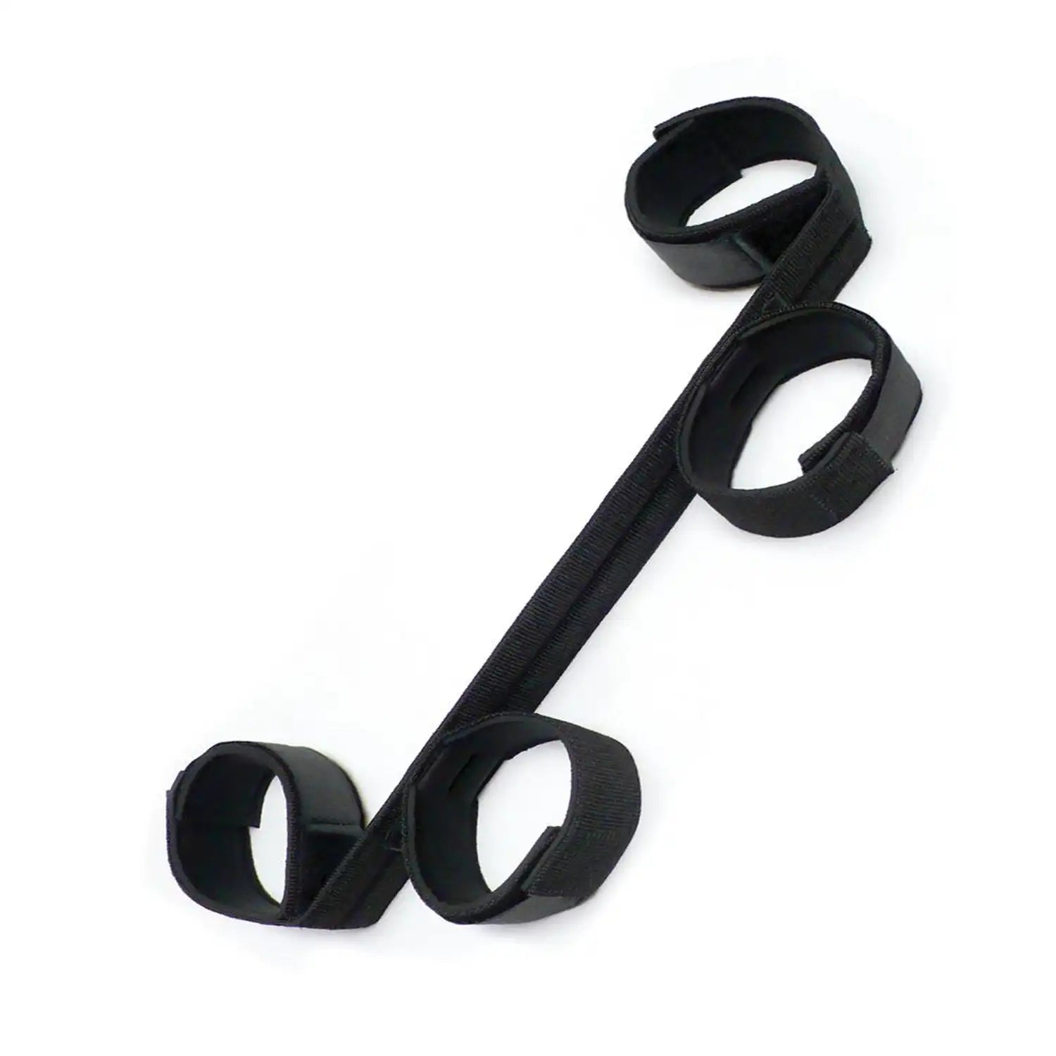 Black wrist-to-ankle restraint set with adjustable padded wrist and ankle cuffs connected by durable nylon straps.