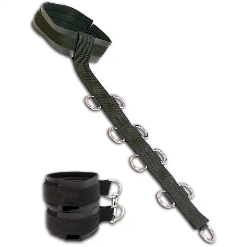 Black wrist-to-collar restraint strap set with adjustable neck collar, padded wrist cuffs, and multiple metal D-ring attachment points.